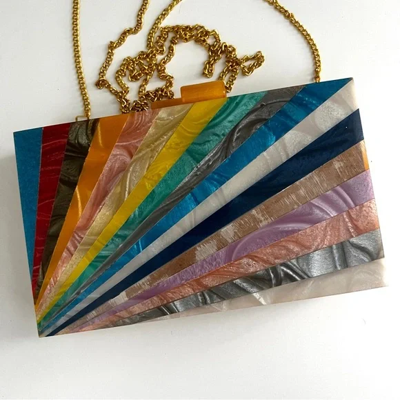Wood Acrylic Inlay Box Purse Clutch Rainbow Sunburst Design Gold Chain Strap - Picture 7 of 7